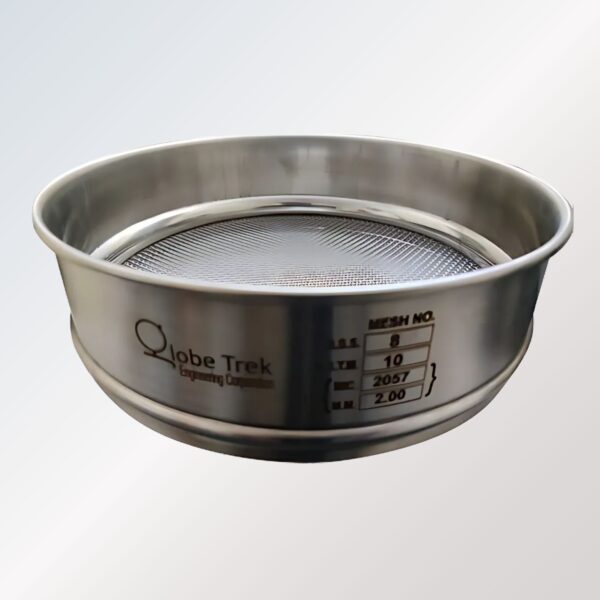 "GT-505 Test Sieve with stainless steel frame and precision mesh, used for particle size analysis in laboratory and industrial applications."