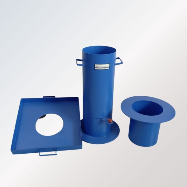 "Field Density Test Apparatus used for determining the in-situ density of soil, including a sand pouring cylinder, calibrating container, and metal tray with central hole."