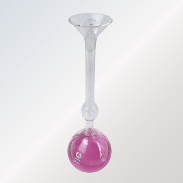Le Chatelier specific gravity flask, 250ml capacity, for hydraulic cement testing.