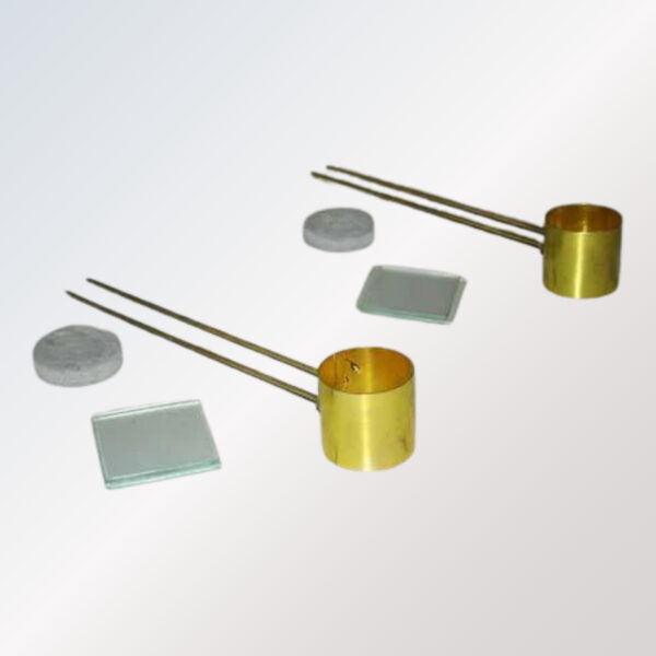 Brass Le Chatelier mould for cement soundness test, includes glass plates and lead weight